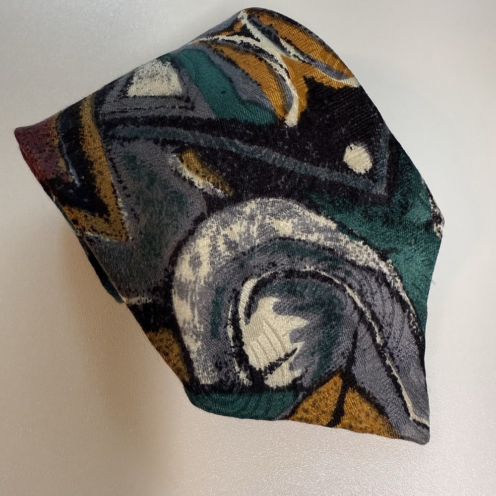 Vtg Screenplay by Martin Wong Mens Tie 100% Silk USA Art Deco 56"x4" Teal‎ Gold
